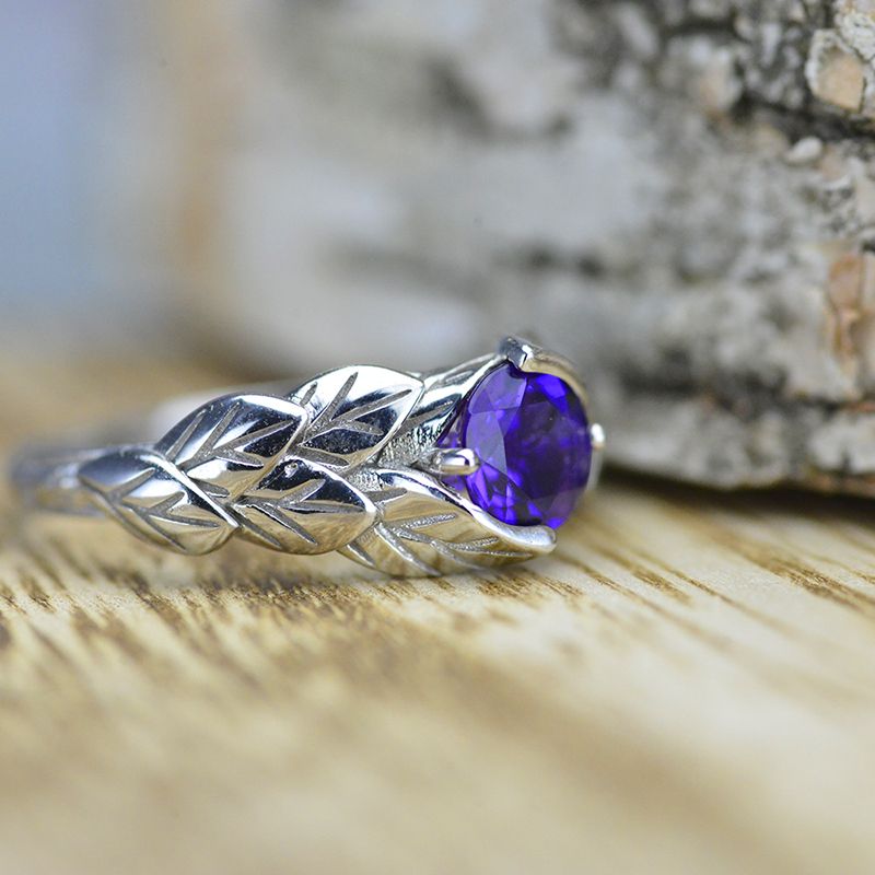 white gold amethyst leaf ring 1.0 Carat -6mm Round 