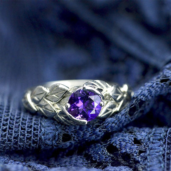 1.0 Carat Amethyst Leaf Engagement Ring-6mm Round