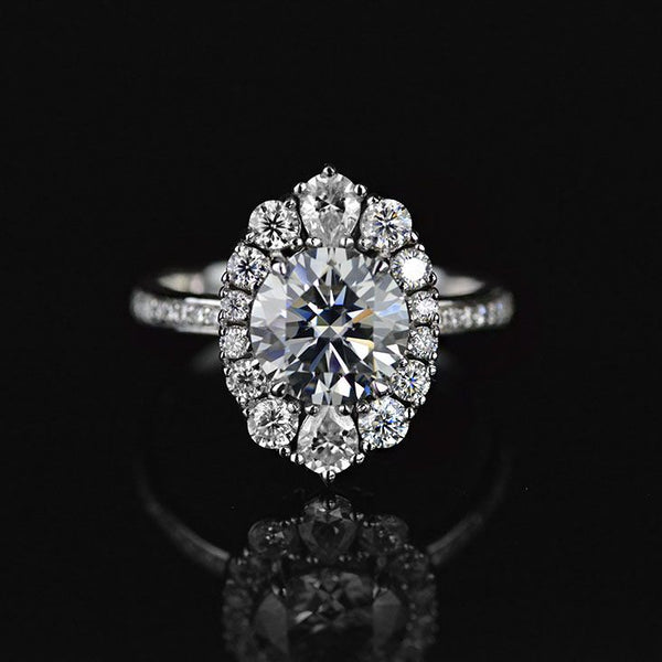 14K White Gold 2 Carat Round Gray Moissanite Halo Engagement Ring