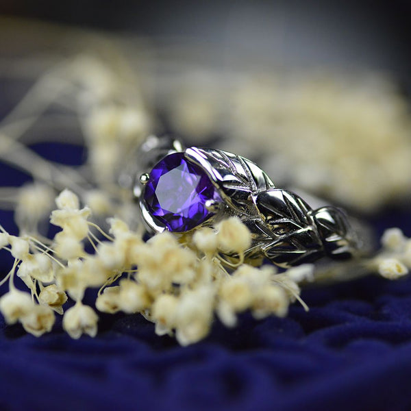 2 Carat Amethyst Floral Leaf Engagement Ring