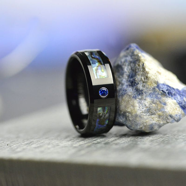 Genuine Abalone Shell Sapphire Men's Tungsten Carbide Ring