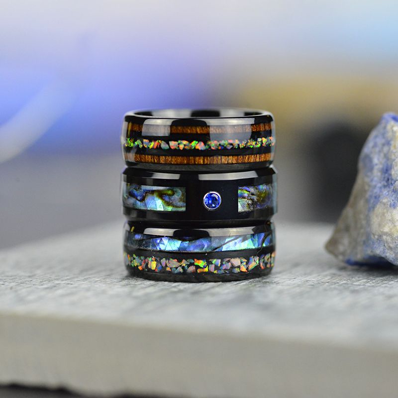 Abalone Shell and Fire Opal Engagement Men's Tungsten Carbide Ring