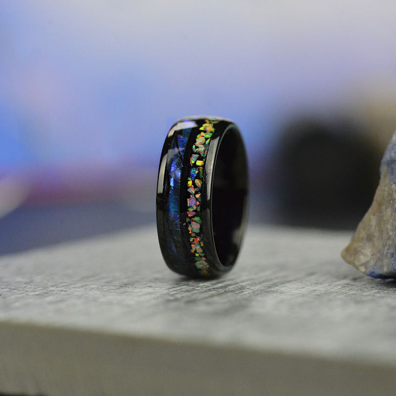 Abalone Shell and Fire Opal Engagement Men's Tungsten Carbide Ring