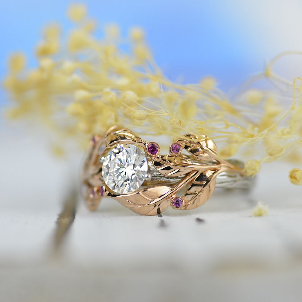 1.5 Carat Moissanite Engagement Ring 14K  Rose and White Gold-6 Genuine Ruby Accents