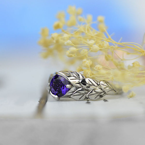 14K White Gold Amethyst Floral Leaf 14K White Gold Engagement Ring