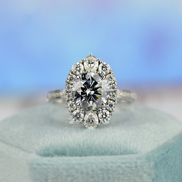 14K White Gold 2 Carat Round Gray Moissanite Halo Engagement Ring