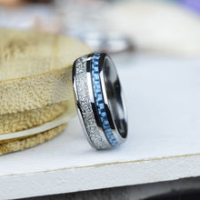 Load image into Gallery viewer, Meteorite Texture and Blue Carbon Fiber Men's Tungsten Ring  - Comfort Fit
