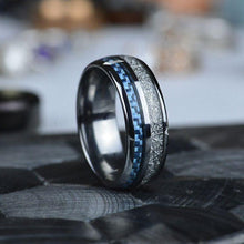 Load image into Gallery viewer, Meteorite Texture and Blue Carbon Fiber Men's Tungsten Ring  - Comfort Fit
