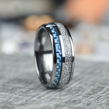 Load image into Gallery viewer, Meteorite Texture and Blue Carbon Fiber Men's Tungsten Ring  - Comfort Fit
