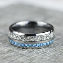 Load image into Gallery viewer, Meteorite Texture and Blue Carbon Fiber Men's Tungsten Ring  - Comfort Fit
