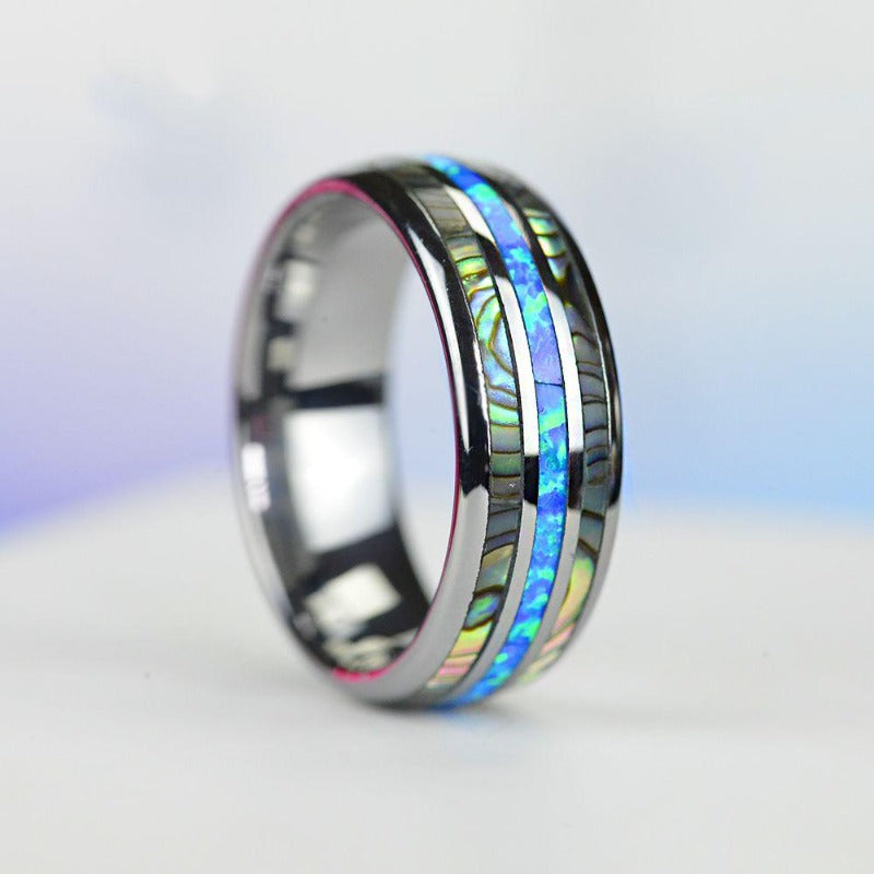 Genuine Australian Blue Fire Opal with Abalone Shell Tungsten Ring For Him For Her