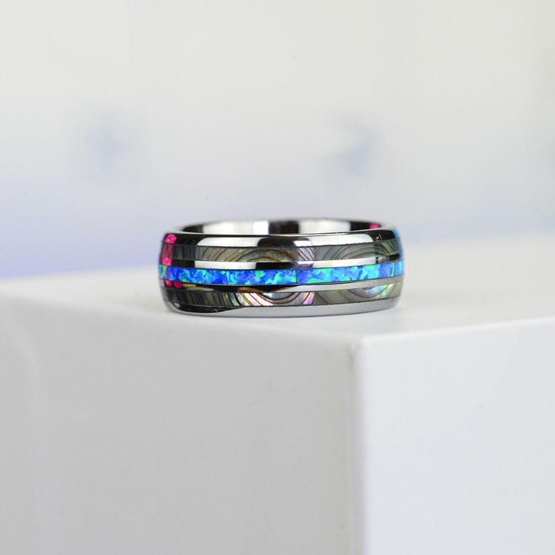 Genuine Australian Blue Fire Opal with Abalone Shell Tungsten Ring For Him For Her