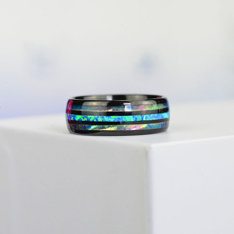 Natural Abalone Shell Blue Opal Men's Black Tungsten Carbide  Ring