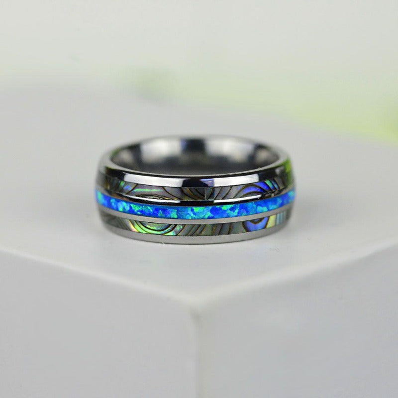 Genuine Australian Blue Fire Opal with Abalone Shell Tungsten Ring For Him For Her