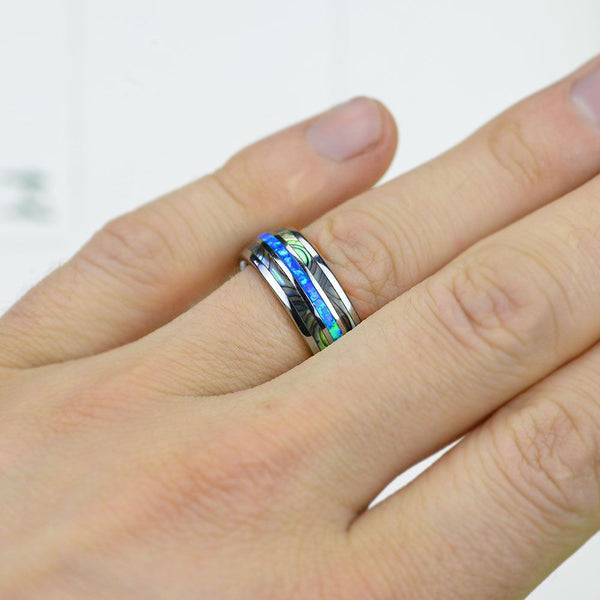 Genuine Australian Blue Fire Opal with Abalone Shell Tungsten Ring