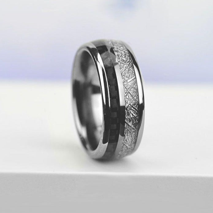 Meteorite Texture with Gray Carbon Fiber Tungsten Carbide Ring