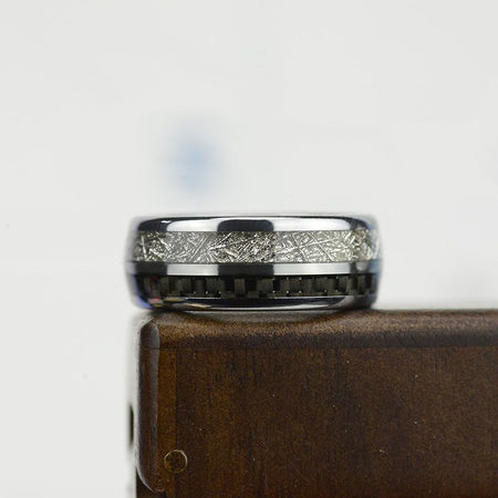 Meteorite Texture with Gray Carbon Fiber Tungsten Carbide Ring