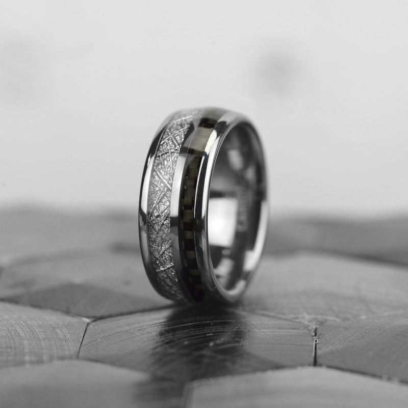 Meteorite Texture with Gray Carbon Fiber Tungsten Carbide Ring