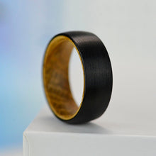 Load image into Gallery viewer, Brushed Black Tungsten Ring with Inner Solid Whiskey Barrel Oak Wood
