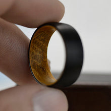 Load image into Gallery viewer, Brushed Black Tungsten Ring with Inner Solid Whiskey Barrel Oak Wood
