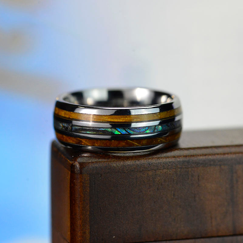 Abalone & Whiskey Barrel Wood Ring Mens Wedding Band Tungsten Ring