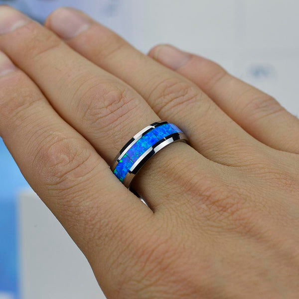 Genuine Blue Opal Tungsten Carbide Ring