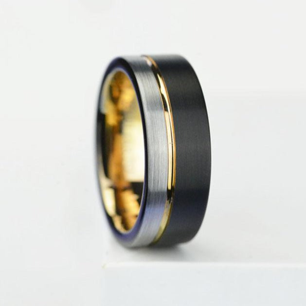 Tungsten Ring Black and Silver Brushed with Yellow Gold Accent