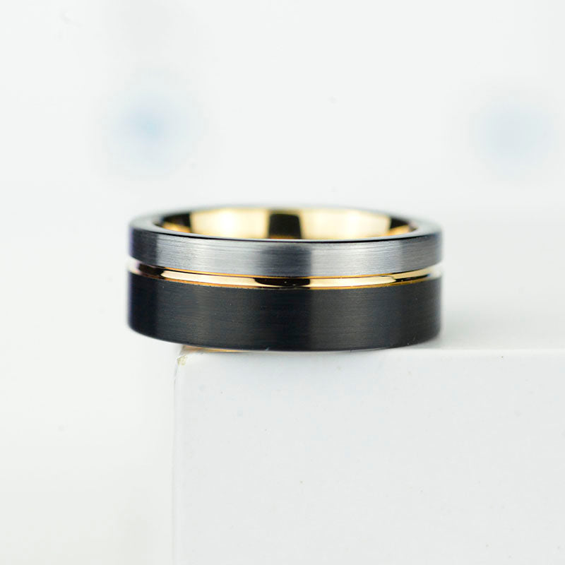 Tungsten Ring Black and Silver Brushed with Yellow Gold Accent