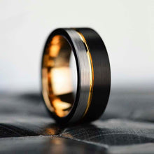 Load image into Gallery viewer, Tungsten Ring Black and Silver Brushed with Yellow Gold Accent, Mens Ring, Mens Wedding Band, Dual color Mens band, Birthday Gift
