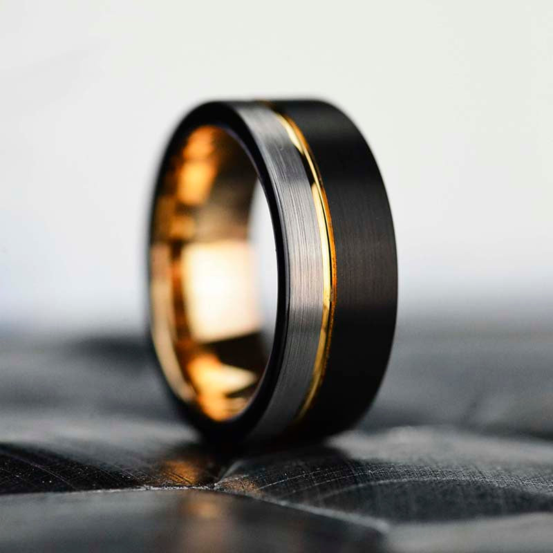 Tungsten Ring Black and Silver Brushed with Yellow Gold Accent, Mens Ring, Mens Wedding Band, Dual color Mens band, Birthday Gift
