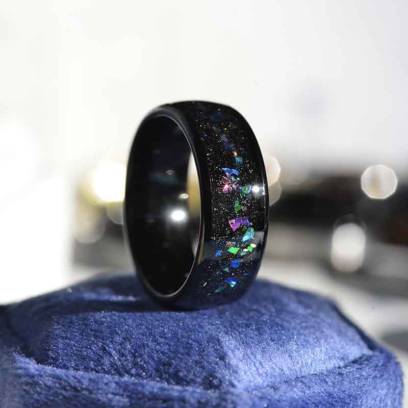 Giliarto Galaxy Genuine Crushed Abalone Shell Men's Tungsten Ring with Crushed Opal and Sea Shell.