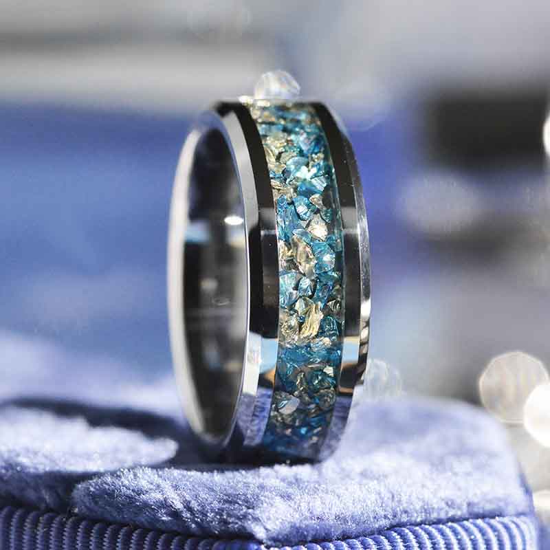Genuine Crushed Raw Blue and White Sapphire Men's Tungsten Ring