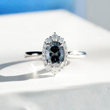 Load image into Gallery viewer, 14K White Gold 3 Carat Oval Dark Gray Blue Moissanite Halo Engagement Ring
