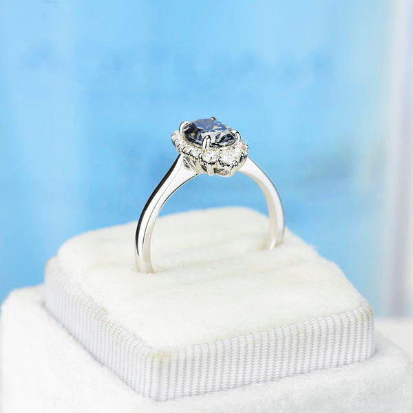 14K White Gold 3 Carat Oval Dark Gray Blue Moissanite Halo Engagement Ring