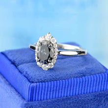 Load image into Gallery viewer, 14K White Gold 3 Carat Oval Dark Gray Blue Moissanite Halo Engagement Ring
