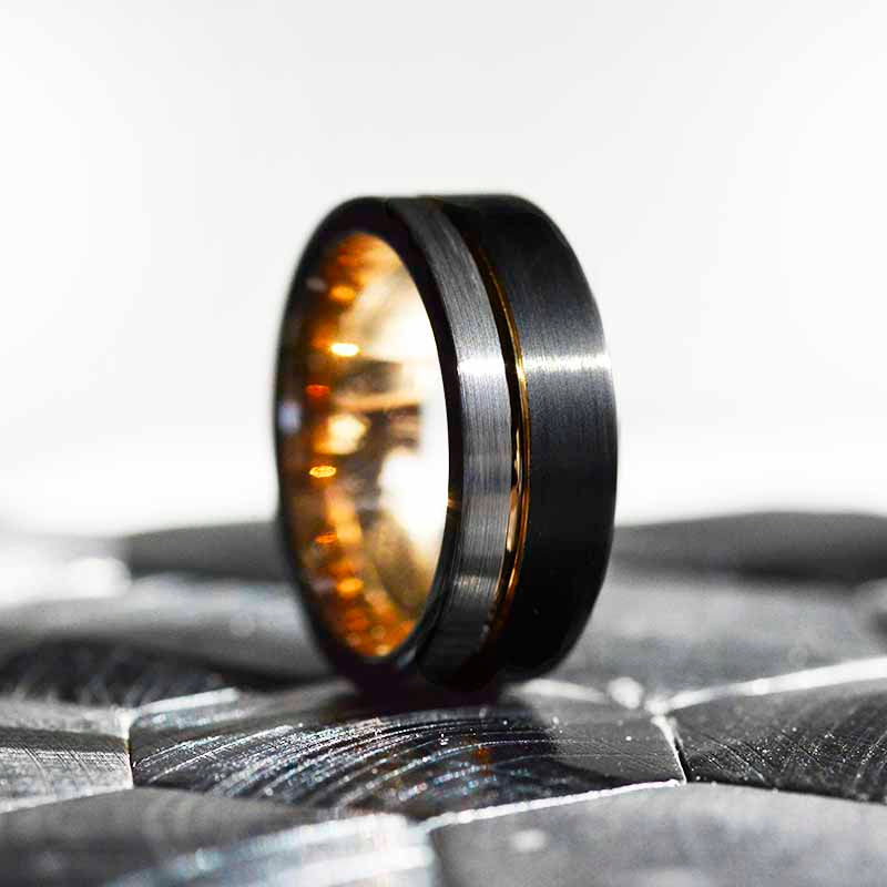 Tungsten Ring Black and Silver Brushed with Rose Gold Accent, Men's Ring, Men's Wedding Band, Dual color Men's band, Birthday Gift