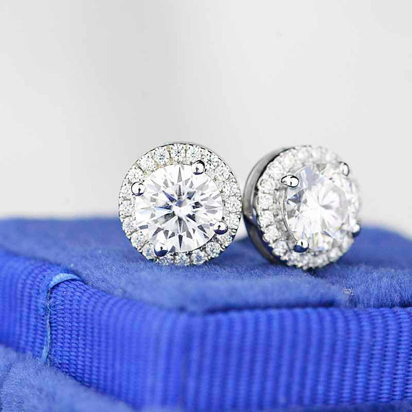 Moissanite Halo Stud Earrings 14K Gold