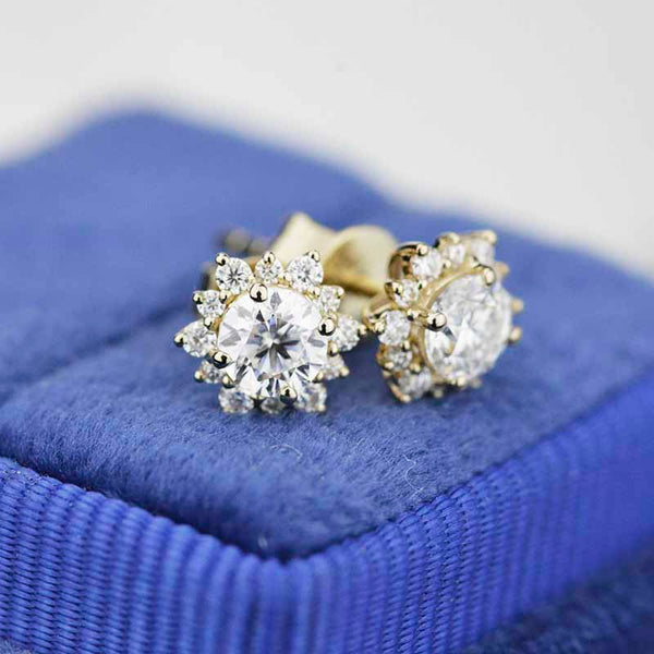 Snowflake Moissanite Halo Stud Earrings 14K Gold