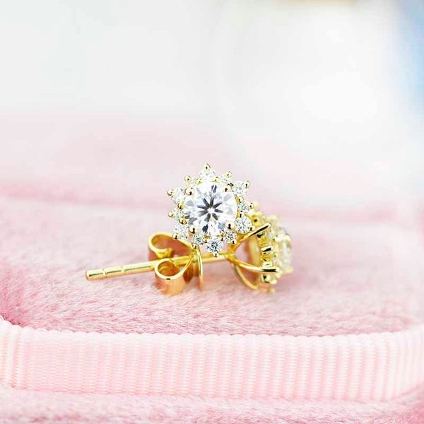 Snowflake Moissanite Halo Stud Earrings 14K Gold