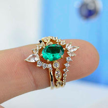 Load image into Gallery viewer, 14K Yellow Gold Oval Emerald Moissanite Halo Engagement Ring  with Two Eternity Rings Set
