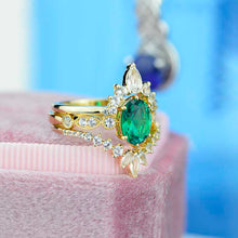 Load image into Gallery viewer, 14K Yellow Gold Oval Emerald Moissanite Halo Engagement Ring  with Two Eternity Rings Set
