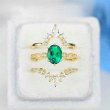 Load image into Gallery viewer, 14K Yellow Gold Oval Emerald Moissanite Halo Engagement Ring  with Two Eternity Rings Set
