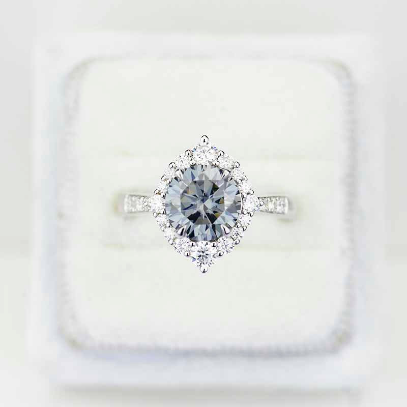 2 Carat Round Grey Gray Giliarto Moissanite Halo Gold Engagement Ring