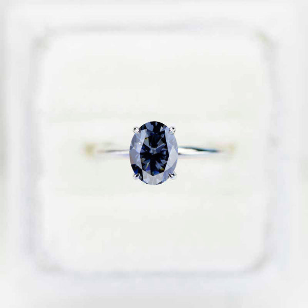 14K White Gold 2 Carat Oval Dark Gray Blue Moissanite Engagement Ring