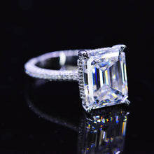 Load image into Gallery viewer, 5ct Emerald Shaped Step Cut Moissanite Ring, 5 Carat Moissanite Engagement Ring, Moissanite Pave Accent Stones Hidden Halo Ring
