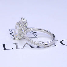 Load image into Gallery viewer, 5ct Emerald Shaped Step Cut Moissanite Ring, 5 Carat Moissanite Engagement Ring, Moissanite Pave Accent Stones Hidden Halo Ring
