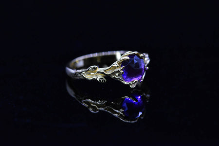 Silver Dainty Natural Amethyst Ring.  Round Amethyst  Floral Twig  Ring
