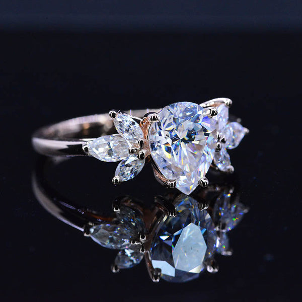 Pear Shaped Moissanite Engagement Ring. Vintage Unique Marquise Cut Cluster Engagement Ring