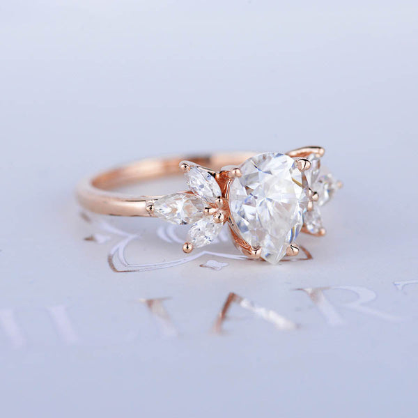 Pear Shaped Moissanite Engagement Ring. Vintage Unique Marquise Cut Cluster Engagement Ring