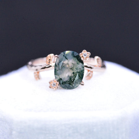 14K Rose Gold Dainty Natural Moss Agate Leaf Ring, 2ct Oval Agate Twig Ring, Rose Gold Ring Unique Curved Vintage Floral Ring